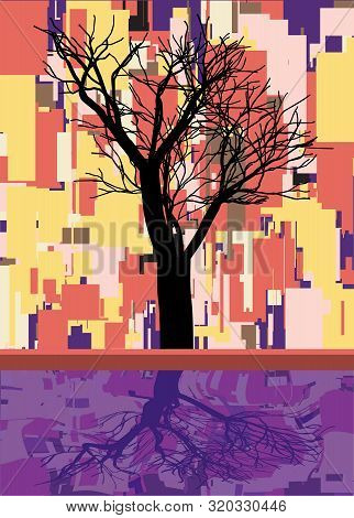 Abstract Square Fall Composition With Tree And Reflection , Geom