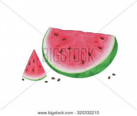 Slice Of Watermelon On White Background, Summer Fruit, Vector Illustration. Design For Greeting Card