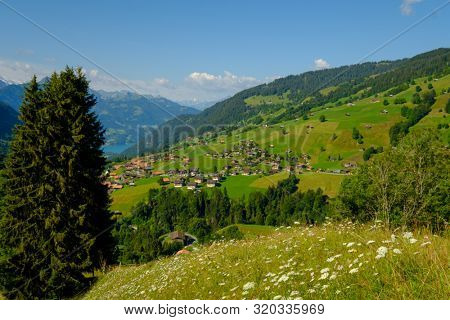 Summer time mountain panoramic landscape in Switzerland near Habkern village