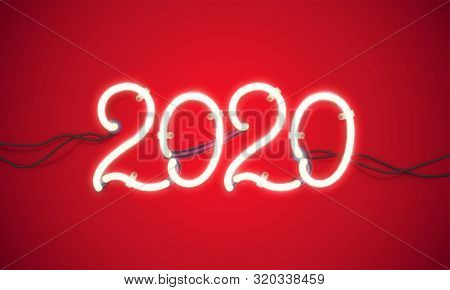 Glowing Neon Sign 2020 With Wires, Tubes And Brackets. Vector Element For New Year Card, Logo Or Oth