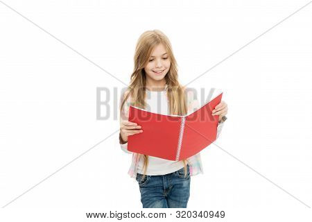 Book Store Concept. Pad Perfect For Keeping Note. Adorable Little Girl With Colorful Writing Pad. Cu