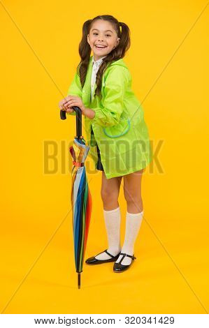Totally Ready. Schoolgirl With Umbrella Wear Waterproof Raincoat. Autumn Rain. Going To School. Wate