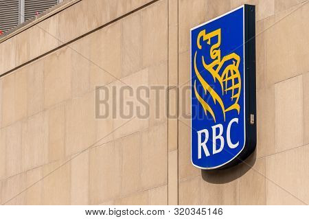Montreal, CA - 3 September 2019: RBC sign on René Lévesque Boulevard.