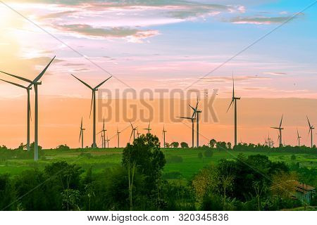 Landscape Of Farm Big Wind Turbines Which Alternative Energy Innovation For Production Electricity E