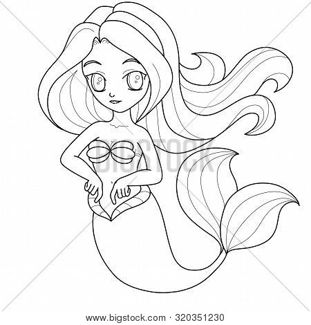 Coloring Page Line Art Of Cute Little Mermaid Underwater World. Black And White. Vector Illustration