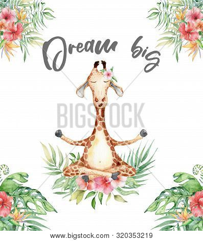 Cute Watercolor Geraffe With Tropical Flowers Card Hand Drawn Illustration
