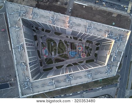 Children Playground In The Inner Cortyard Of Residential Multi-storey Building. Aerial View