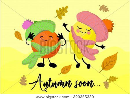 Lemon And Orange. Vitamins In The Fall. Citrus Fruit. Cute Kawaii Characters. Autumn Beriberi.