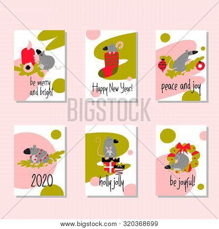 Set Of Funny Christmas Cards With Rats And Greetings, Made In Vector. Invitation, Poster. Symbol Of 