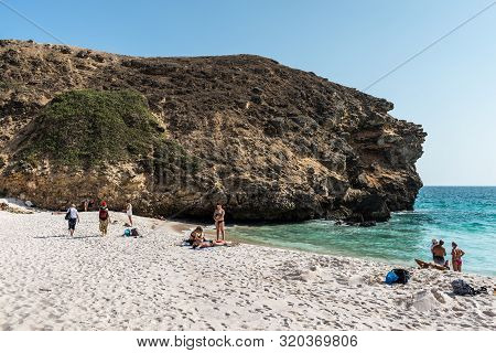 Salalah, Oman - November 12, 2017: People From A Cruise Ship Relax On The Oasis Beach In Oman, India
