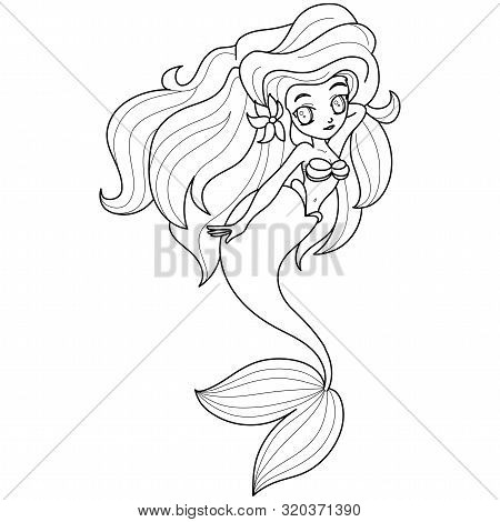 Beautiful Mermaid Line Art For Coloring Page. Vector Cartoon Magic Young Girl Undersea Illustration,