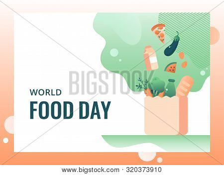 Organic Food And Drink Fall Into The Shopping Bag. World Food Day Concept For Landing Page, Template