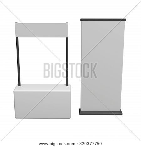 Stall Or Kiosk Modern Promostand Reception Desk With Roll Up. Trade Show Booth White And Blank. 3d R