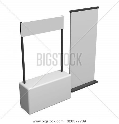 Stall Or Kiosk Modern Promostand Reception Desk With Roll Up. Trade Show Booth White And Blank. 3d R