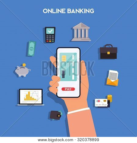 Mobile Payment And Mobile Banking Concept. Hands Holding Phones With Differed Type Of Payment. Inter