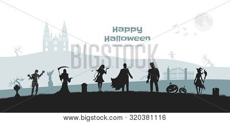 Halloween Banner With Fantasy Silhouettes. Landscape Of Cemetary With Mummy, Witch And Frankenstein.
