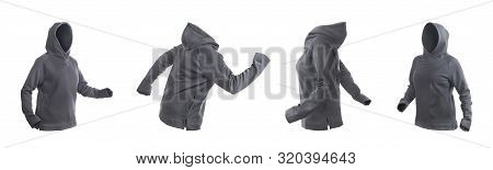 Blank Gray Hoodie With Raised Hood Leftside, Rightside, Frontside And Backside Isolated On A White B