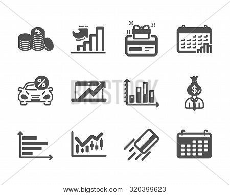 Set Of Finance Icons, Such As Manager, Calendar, Credit Card, Calendar Graph, Financial Diagram, Hor