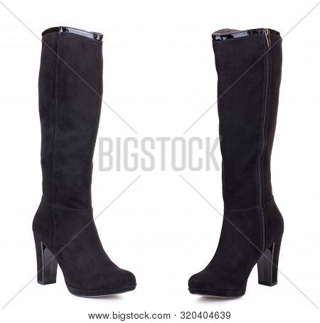 Classic Black Suede Leather High Knee Ankle Heels Female Boots. Two Isolated