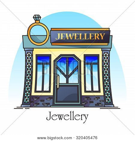 Jewellery Store Or Jewelry Shop With Diamond Ring. Building Facade For Luxury Items, Gems, Amulet An