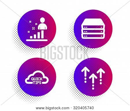 Quick Tips, Stats And Servers Icons Simple Set. Halftone Dots Button. Swipe Up Sign. Helpful Tricks,