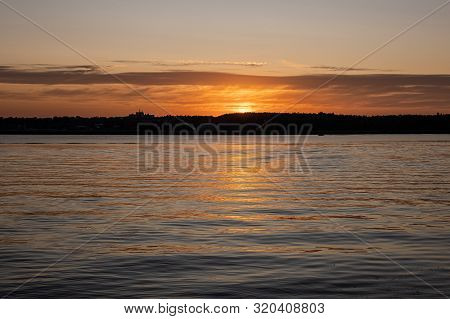 Sunset On The River Coast, Beautiful View Sunset, Evening At The Riverscape.