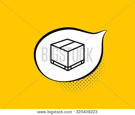 Parcel Box Line Icon. Comic Speech Bubble. Logistics Delivery Sign. Package Tracking Symbol. Yellow 