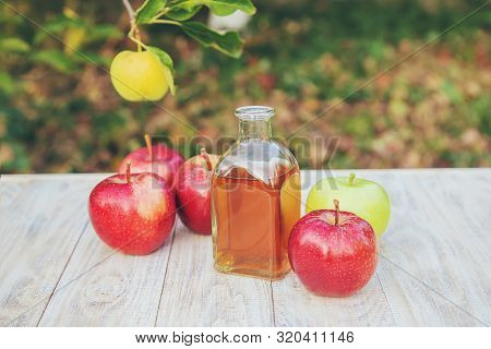 Apple Cider Vinegar In A Bottle. Selective Focus.