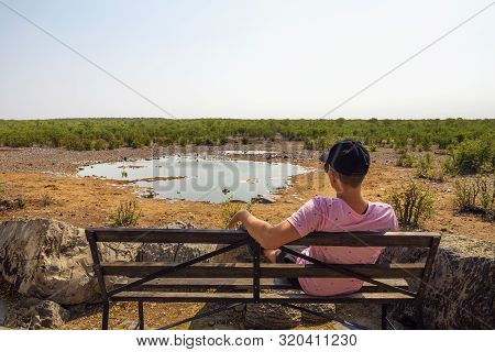 Tourist Waits For Wildlife Sitting On A Bench At The Moringa Waterhole Located Near Halali Campsite 