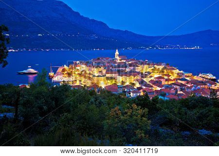 Town Of Korcula Panoramic Evening View, Historic Tourist Destination In Archipelago Of Southern Dalm