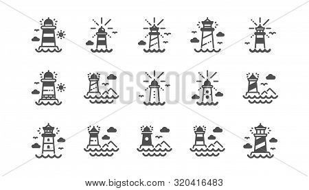 Lighthouse Icons. Searchlight Tower With Seagull For Marine Navigation Of Ships. Sea Pharos, Lightho