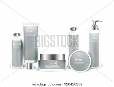 Body Care Mock Up Set. Hydration Cream And Lotion Bottles With Logo Label. Bottles And Tubes With Si