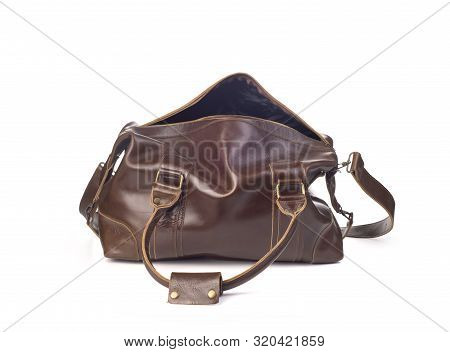 Broun Skin Luggage Bag Open, Isolated On White