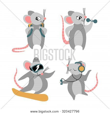 Collection Of Cute Rats Isolated On White Background. Funny Cartoon Animals In Different Situations.