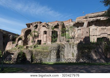 Italy, Rome - April 17 2017: The View Of Ancient Roman Ruins Domus Severiana At The Palatine Hill On