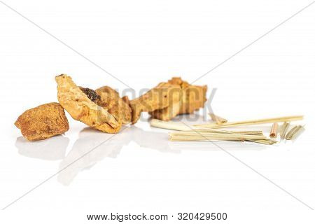 Lot Of Pieces Of Roseship With Lemon Grass Of Lingonberry Strawberry Fruit Tea Macro Isolated On Whi