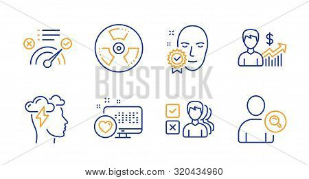 Correct Answer, Mindfulness Stress And Business Growth Line Icons Set. Face Verified, Heart And Chem