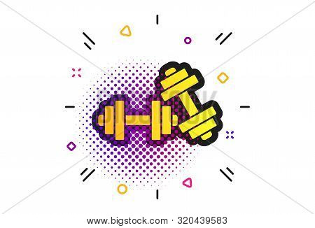 Dumbbells Sign Icon. Halftone Dots Pattern. Fitness Sport Symbol. Gym Workout Equipment. Classic Fla
