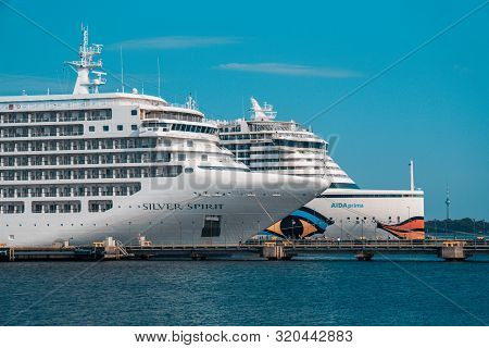 Tallinn / Estonia - September 02, 2019: Cruise Ships Silver Spirit And Aidaprima Docked In Vanasadam