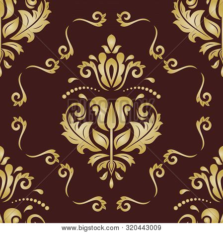 Classic Seamless Vector Pattern. Damask Orient Golden Ornament. Classic Vintage Brown And Giolden Ba