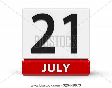 Red And White Calendar Icon From Cubes - The Twenty First Of July - On A White Table - Belgian Natio