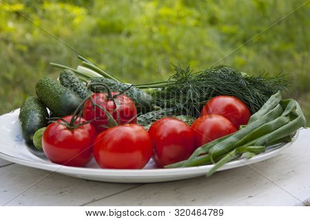 Fresh Tasty Vegetables From The Garden Lie On A Plate On A White Table. Cucumbers, Tomatoes, Onions,