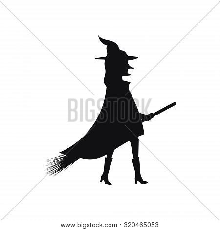 Silhouette Of A Witch On A Broomstick On A White Background