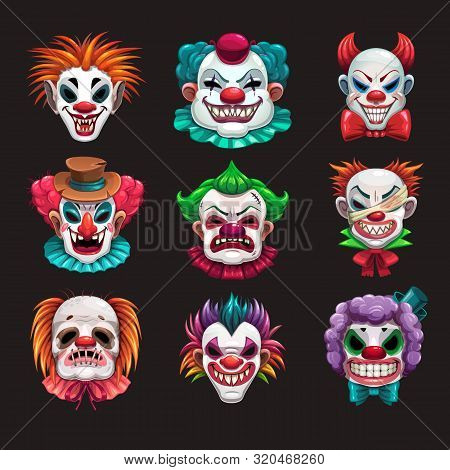 Creepy Clown Faces Set. Scary Circus Elements.