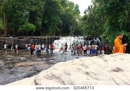 Siem Reap, Cambodia- Mart 25, 2018: Waterfalls At The Top Mountain Phnom Kulen. A Popular And Sacred