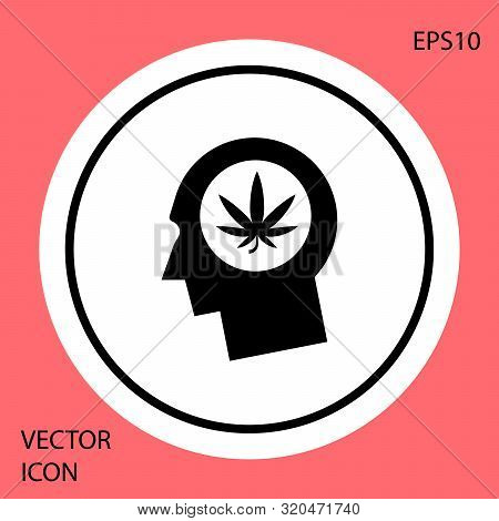 Black Silhouette Of Male Head In Profile With Marijuana Or Cannabis Leaf Icon Isolated On Red Backgr