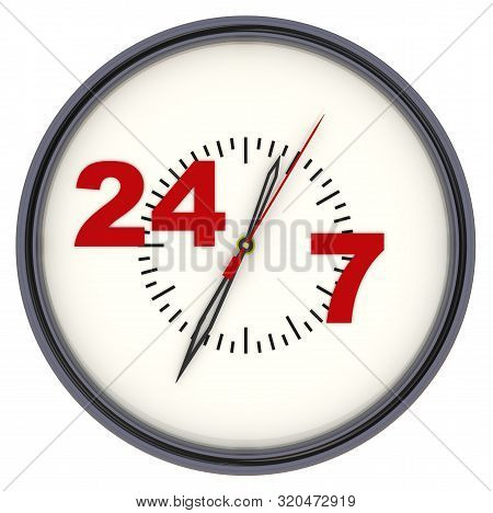 Clock Informing About Round-the-clock And Daily Work. Analog Clock With Red Inscription 24/7. Isolat