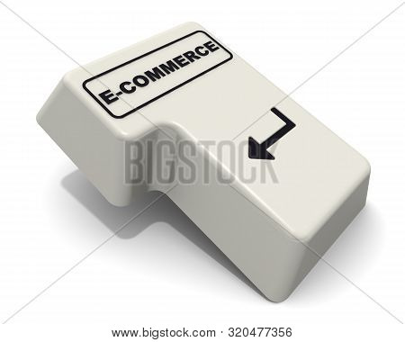 The Enter Key Labeled E-commerce Word. Computer Enter Key With Black Word E-commerce Isolated On Whi