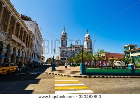 Santiago De Cuba, Cuba - 2019. Cathedral Of Santiago De Cuba From The Parque Cespedes.