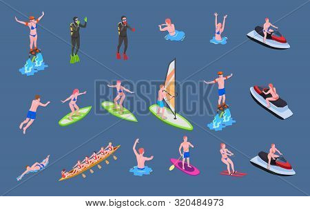 Water Sports Isometric Icon Set With Water Polo Kayaking And Canoeing Rowing Slalom Sailing Swimming